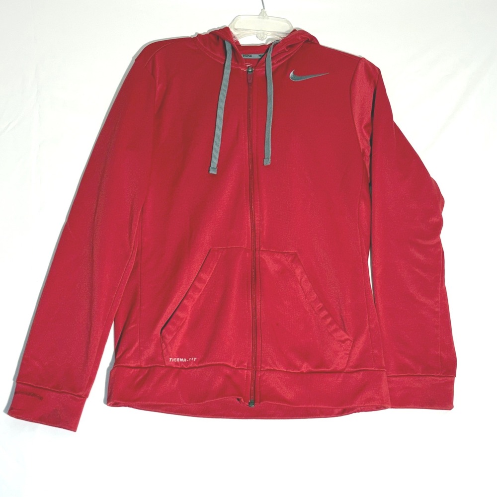 Nike Therma Fit Hoodie Red Small Swoosh Full Zip Distressed Streetwear